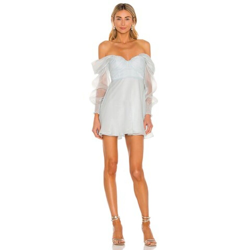 House of Harlow 1960 x REVOLVE Burna Mini Dress Pale Baby Blue OffShoulder M NWT